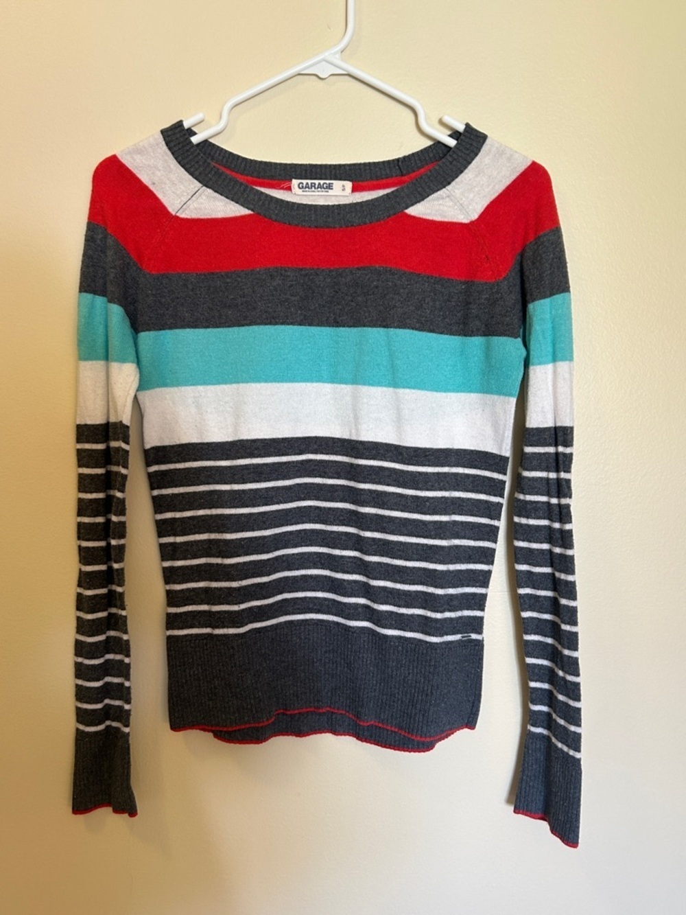 Garage Red and Gray Striped Crewneck Sweater